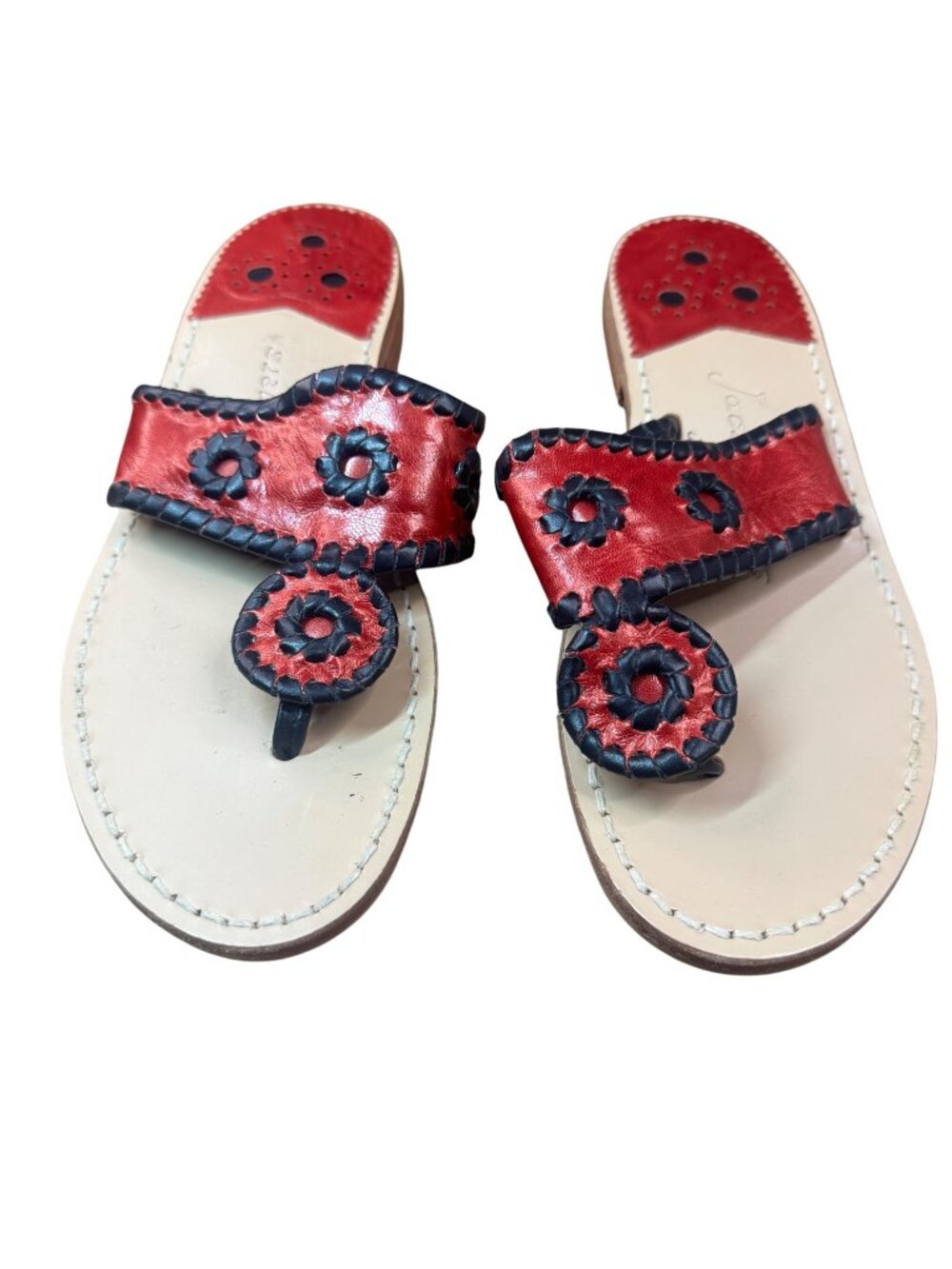 Jack Rogers Womens 6M Navajo Red Navy Leather Floral Flat Slide Sandals